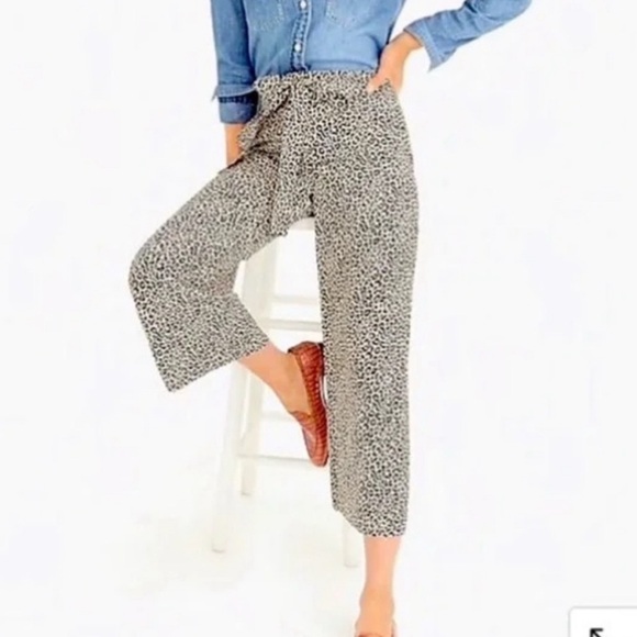 NWT J Crew Wide Leg Crop Pants Leopard Print Silk Tie Waist - Picture 13 of 14